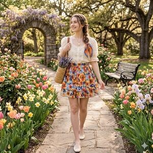 Floral Cotton Mini Skirt SM Smocked Waist Tiered Cottagecore Fairy Peasant